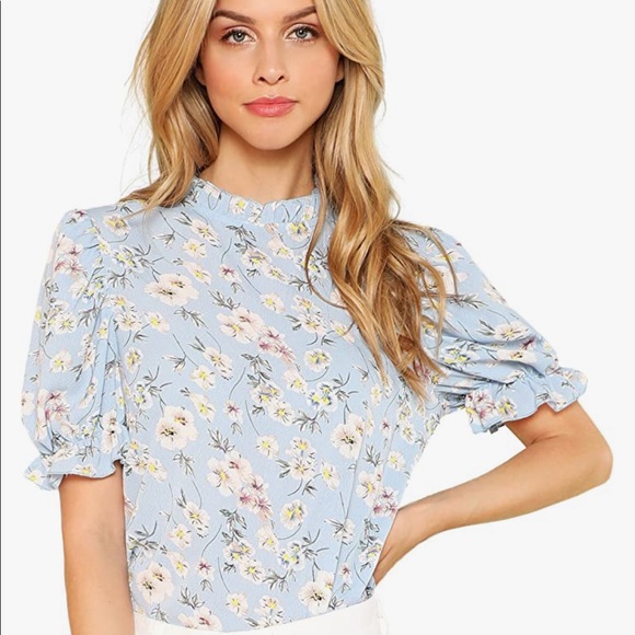 ROMWE Tops - Women's Floral Print Ruffle Puff Shirt